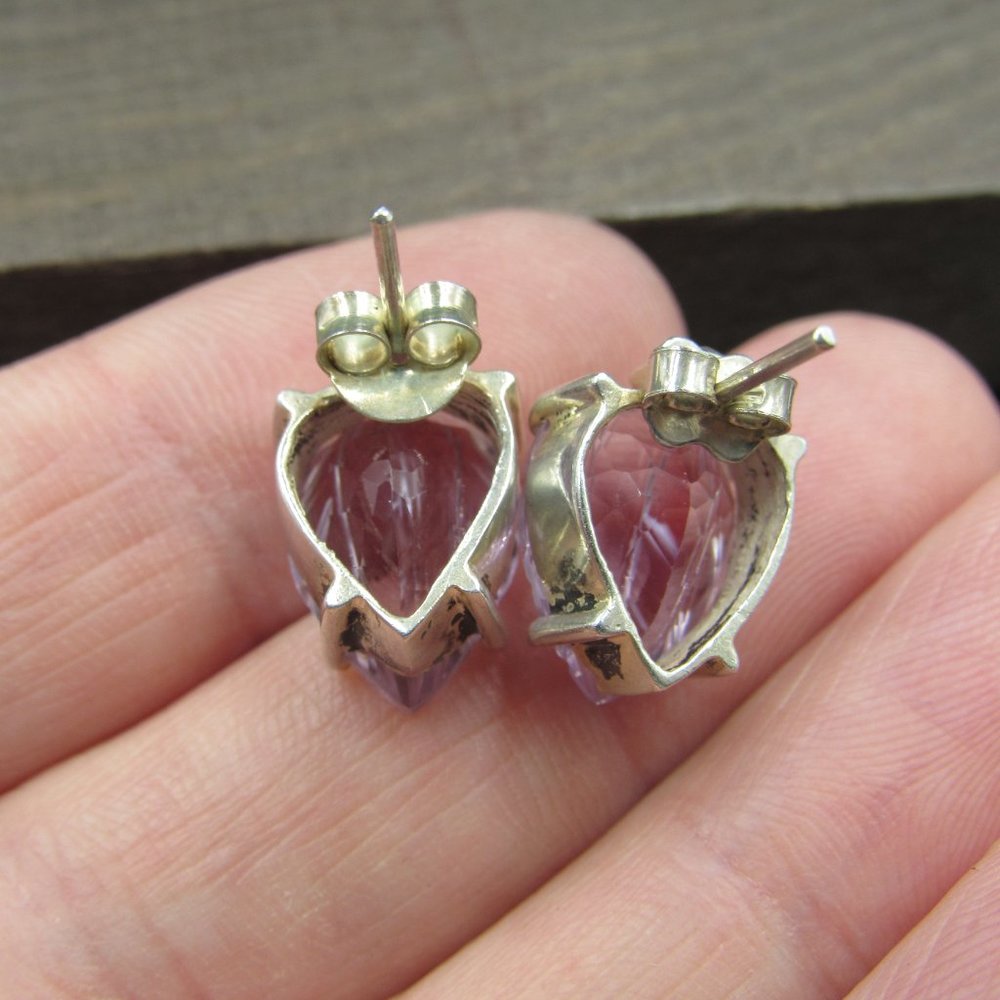 Sterling Silver Carved Leaf Amethyst Rustic Stud Earrings Vintage - Picture 5 of 7